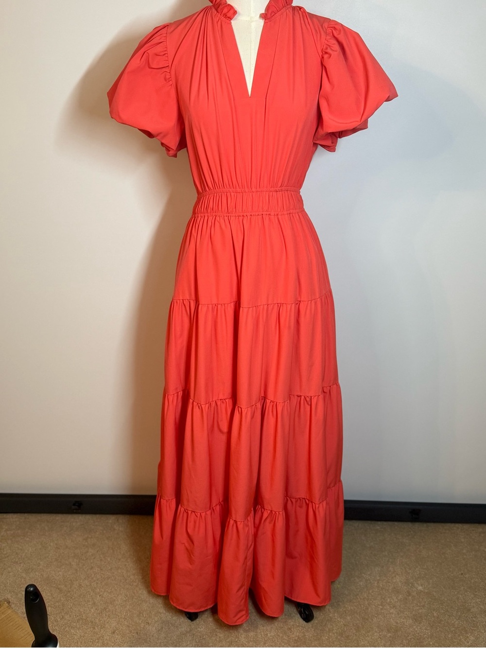 entro Coral Tiered Maxi Dress with Puff Sleeves